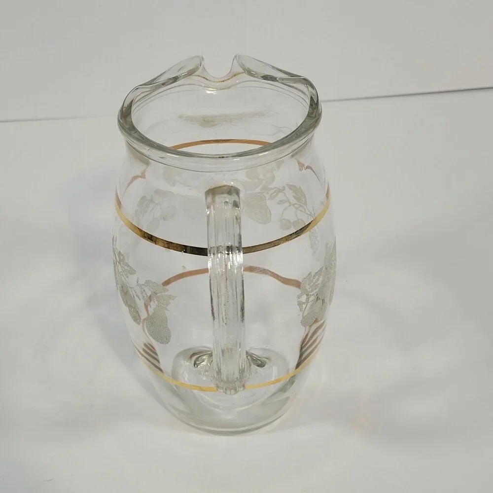Vintage Juice Set Bartlett Collins Glass Pitcher 4 Glasses Golden Fruit Pattern‎